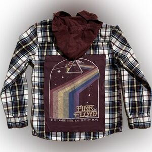 Upcycled Levi’s Kids Plaid Hooded Flannel with Pink Floyd Graphic -Large